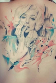 背部3D玛丽莲梦露肖像彩色纹身图案