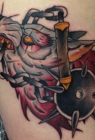 美国传统风格的彩色狼头与武器纹身图案