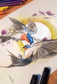 欧美彩色花蕊鸟太阳纹身图案手稿