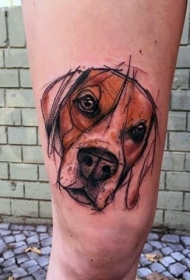 大腿抽象风格的彩色狗头像纹身图案