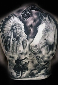 满背西部黑白非常写实的人像动物纹身图案