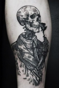 小臂3D黑色浪漫的骨架与西装纹身图案