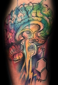 大臂彩色抽象风格的肩人脑与化学符号纹身图案