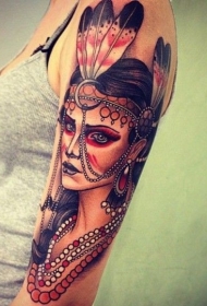 女生手臂彩色美洲土著女孩肖像纹身图案