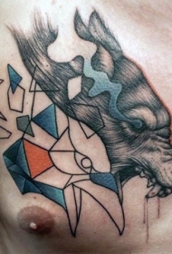 胸部彩绘几何恶魔鸟和熊头纹身图案