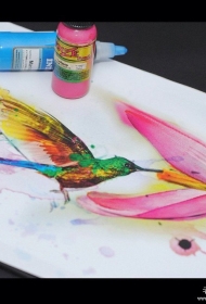 水彩泼墨蜂鸟花蕊纹身图案手稿