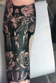 手臂神秘的黑色天使和蜡烛花朵纹身图案