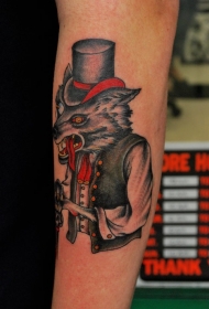 手臂美式传统风格的彩色神秘狼纹身图案
