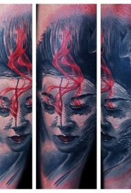 彩色插画风格的艺妓肖像手臂纹身图案