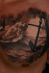 胸部船锚和逼真的海浪纹身图案