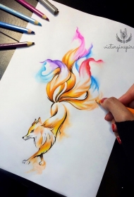 欧美水彩狐狸纹身图案手稿