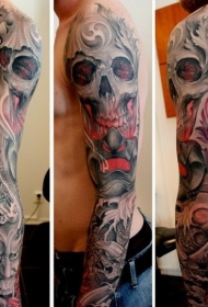 手臂3D骷髅与恶魔面具彩色纹身图案