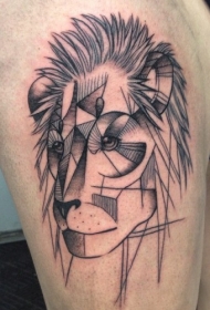 大腿抽象风格黑色几何狮子头纹身图案