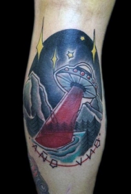 小腿夜空和外星飞船彩色纹身图案