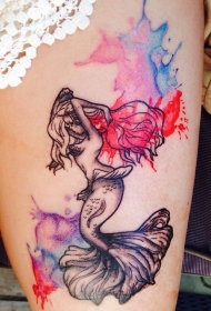 大腿抽象风格的美人鱼纹身图案