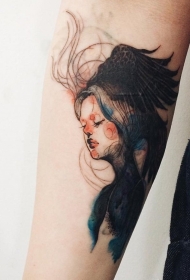 手臂有趣的抽象风格女性肖像纹身图案