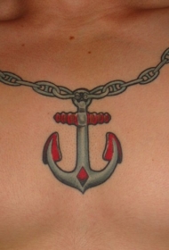 颈部铁链和船锚彩色纹身图案