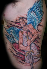 new school彩色天使与剑侧肋纹身图案