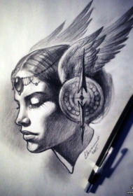 欧美天使女郎纹身图案手稿