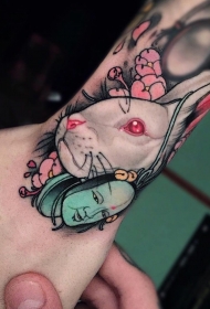 胳膊小清新花蕊彩色兔子和面具纹身图案
