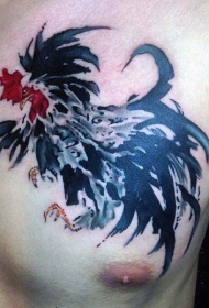 胸部抽象风格的彩绘公鸡纹身图案