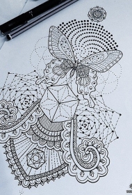 欧美蕾丝几何梵花蝴蝶纹身图案手稿