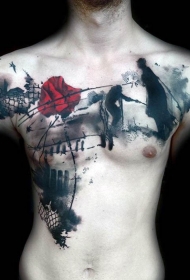 胸部抽象风格的彩色花朵和人像纹身图案