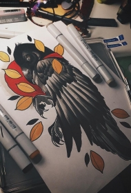 欧美school乌鸦太阳树叶纹身图案手稿
