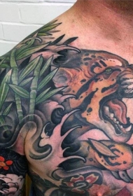 半甲亚洲东方老虎与竹子彩色纹身图案