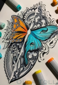 欧美school个性不对称蝴蝶梵花纹身图案手稿
