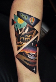 old school三角形与夜晚景色彩绘手臂纹身图案