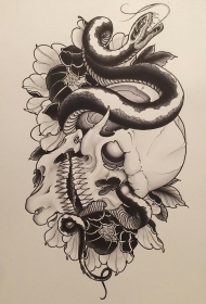欧美暗黑系school蛇骷髅和菊花纹身图案手稿