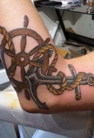 手臂彩色绳子和船锚船舵纹身图案