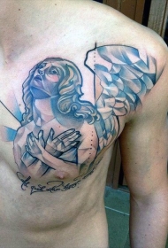 胸部简单的抽象风格彩色天使与字母纹身图案