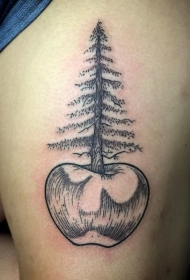 大腿点刺线条苹果树木纹身图案