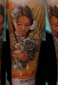new school彩色印度女孩与小猫手臂纹身图案