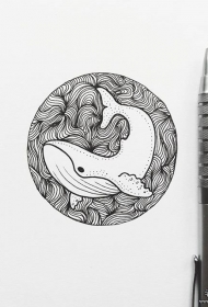 鲸鱼线条几何点刺纹身图案手稿