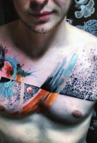 胸部抽象风格的彩色泼墨纹身图案