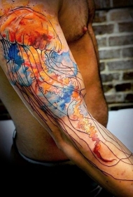 手臂水彩画风格彩色泼墨水母纹身图案