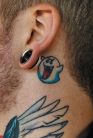 男性耳后卡通幽灵彩色纹身图案