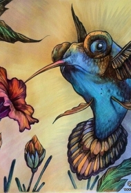 欧美school金鱼蜂鸟个性纹身图案手稿