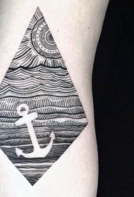 手臂神秘航海主题黑白船锚海面纹身图案