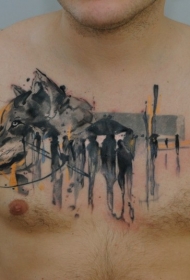 胸部抽象风格的彩色狼头纹身图案