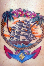 彩色的帆船和船锚花朵纹身图案
