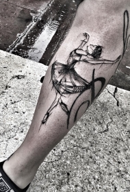 小腿钢笔画风格舞女纹身图案