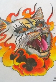 欧美school猫头彩色火焰纹身图案手稿