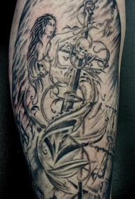 小腿邪恶的美人鱼与骷髅船锚纹身图案