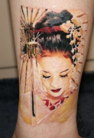 脚踝可怕的彩色3D艺妓肖像纹身图案