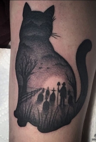 腿部黑灰点刺猫风景纹身图案