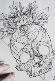欧美线条骷髅几何植物纹身图案手稿